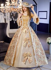 Elegant Gold Printed Royal Palace Marie Antoinette Ball Gown Civil War Medieval Renaissance Dress Reenactment Costumes Elegant Gold Printed Royal Palace Marie Antoinette Ball Gown Civil War Medieval Renaissance Dress Reenactment Costumes
