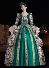 Green Brocade Satin Zebra-Print Multi Layered Carnival Inspired Ball Gown Cosplay Theater Costume Green Brocade Satin Zebra-Print Multi Layered Carnival Inspired Ball Gown Cosplay Theater Costume
