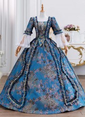 Elegant Blue Floral Brocade Historical Victorian Dress Lace Sleeves Floor Length Masquerade Ball Gown Elegant Blue Floral Brocade Historical Victorian Dress Lace Sleeves Floor Length Masquerade Ball Gown