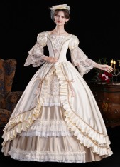 Champagne Lace Ruffled Party Formal Gown Women Stage Theater Costume Champagne Lace Ruffled Party Formal Gown Women Stage Theater Costume